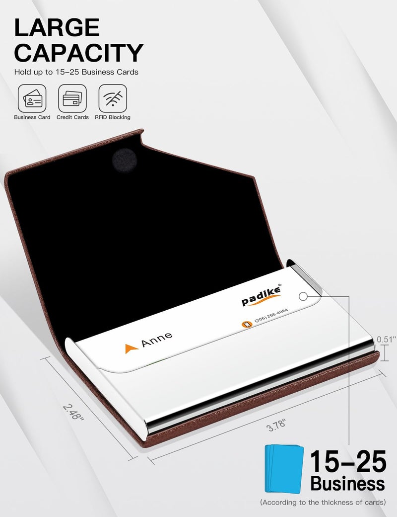 Padike Business Card Holder, Upgraded Leather Business Card Case Pocket Card Holders for Men or Women, Metal Slim Name Card Holder RFID Blocking Business Card Carrier with Magnetic Closure (Z-Coffee) - Image 4